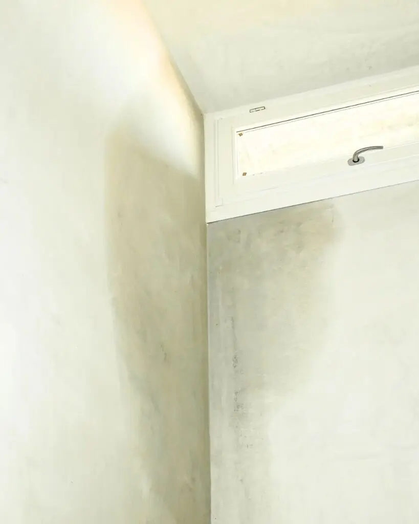 Schimmelvorming in de hoek van een kamer door vocht- en condensproblemen rond het raam.