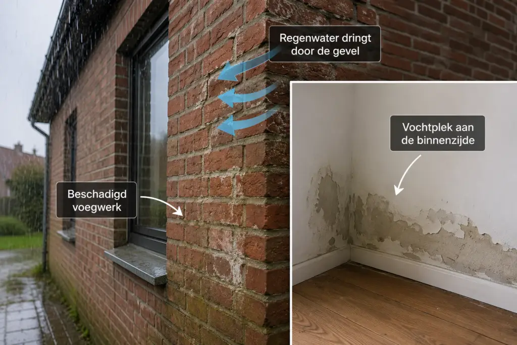 Doorslaand vocht door beschadigd voegwerk met vochtplekken op de binnenmuur als gevolg van regenwater dat door de gevel dringt.