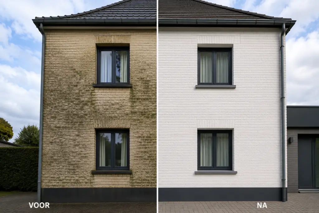 Voor en na gevelrenovatie van een woning waarbij een vervuilde gevel professioneel werd gereinigd en vernieuwd door De Geveldokter.
