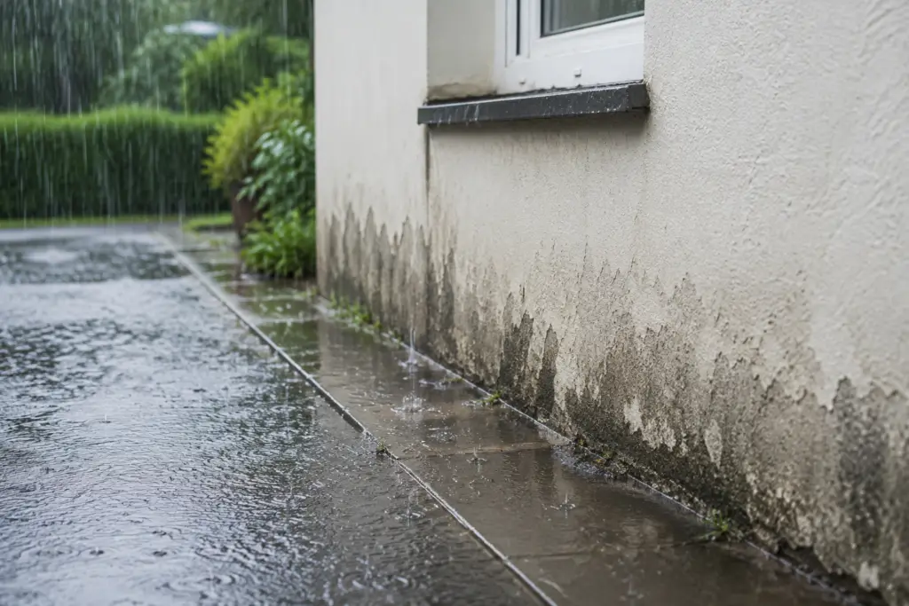 Opstijgend vocht en vochtige gevel na hevige regenval met duidelijke vochtschade aan de onderzijde van de buitenmuur.