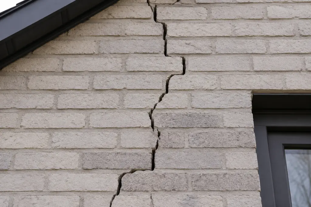 Grote scheur in een bakstenen gevel als gevolg van verzakking of constructieve schade aan de woning.