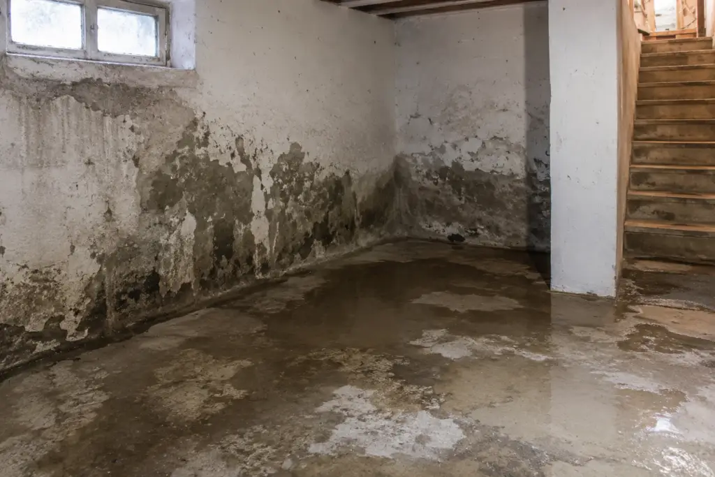 Vochtige kelder met natte muren en vochtplekken als gevolg van waterinfiltratie en keldervocht.