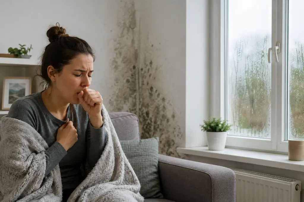 Gezondheidsproblemen door vocht en schimmel in huis: vrouw met hoestklachten door vochtige woning.
