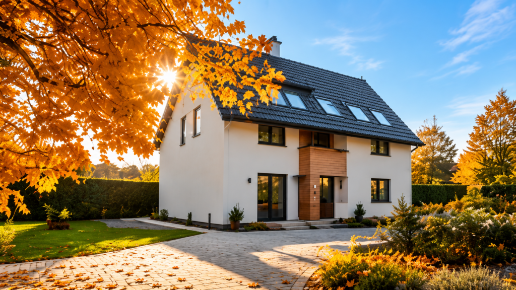 Woning met gevel in herfstomgeving als controle voor herfst en winter