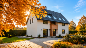 Woning met gevel in herfstomgeving als controle voor herfst en winter
