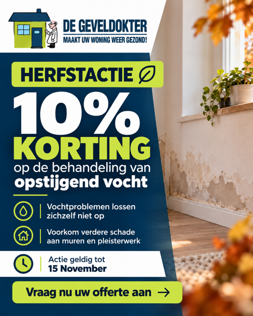 Herfstactie 2026 opstijgend vocht – 10% korting op vochtbestrijding bij De Geveldokter
